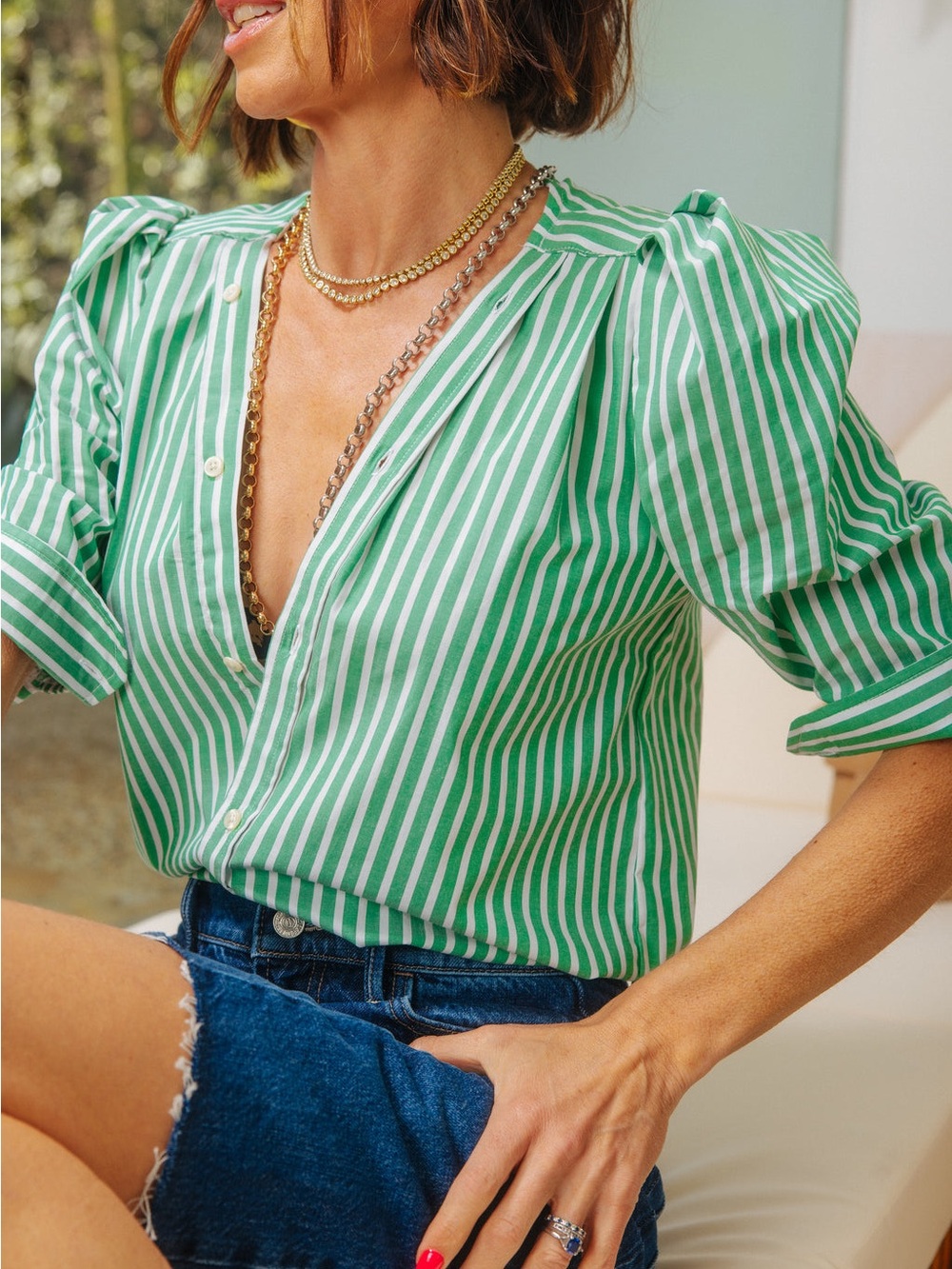NEW KMJ Kate McHale Jensen Green Stripe Bon Voyage Button Down Shirt XS